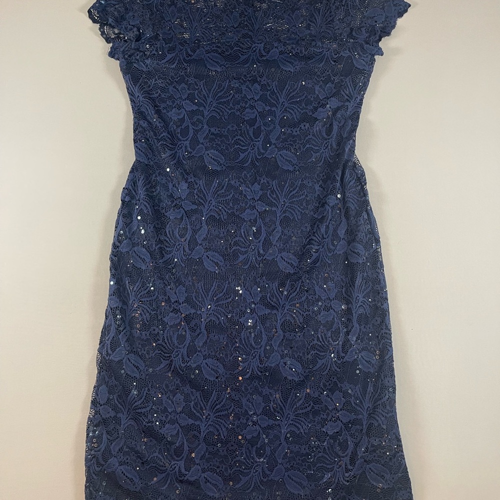 Onyx Nite Blue and White Sheath Dress with Flutter Cap Sleeves